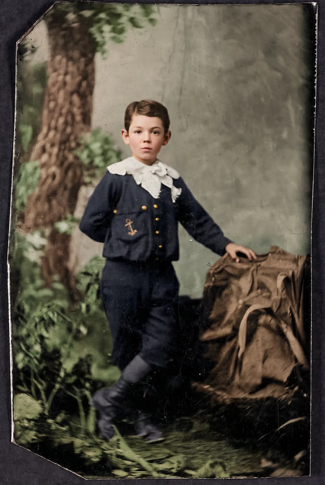 Restored: A boy in a buttoned jacket and lace collar beside a studio prop, tintype
